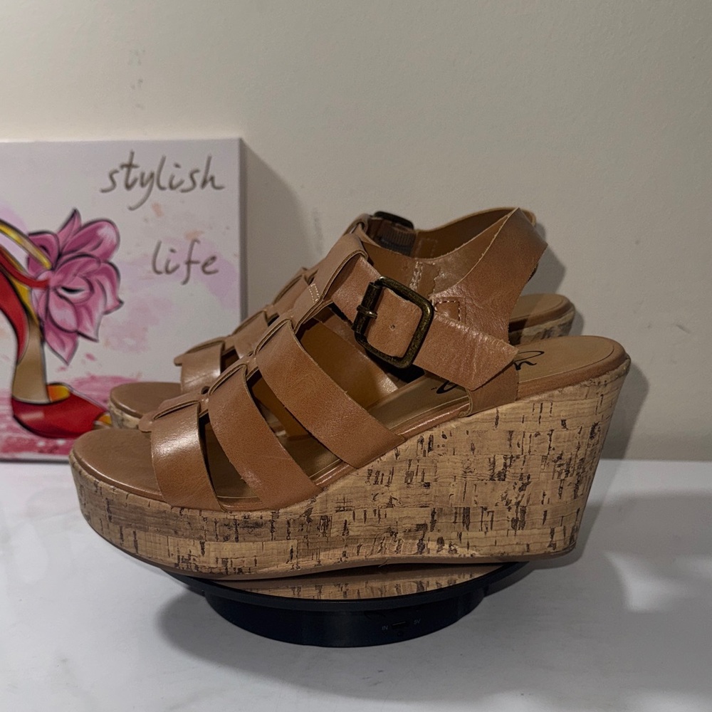 Y•Not? Brynn Women's Tan Cork Wedge Strappy Sandals - Size 6.5M